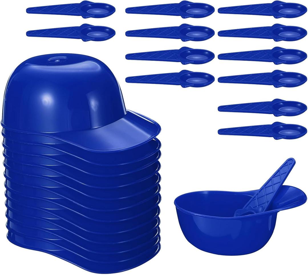 PATIKIL 24 Set Ice Cream Bowls and Spoons Set, 8oz Baseball Cap Ice Cream Bowl Baseball Helmet Snacks Dessert Bowls Plastic Cute Reusable for Chocolate Birthday Party, Blue