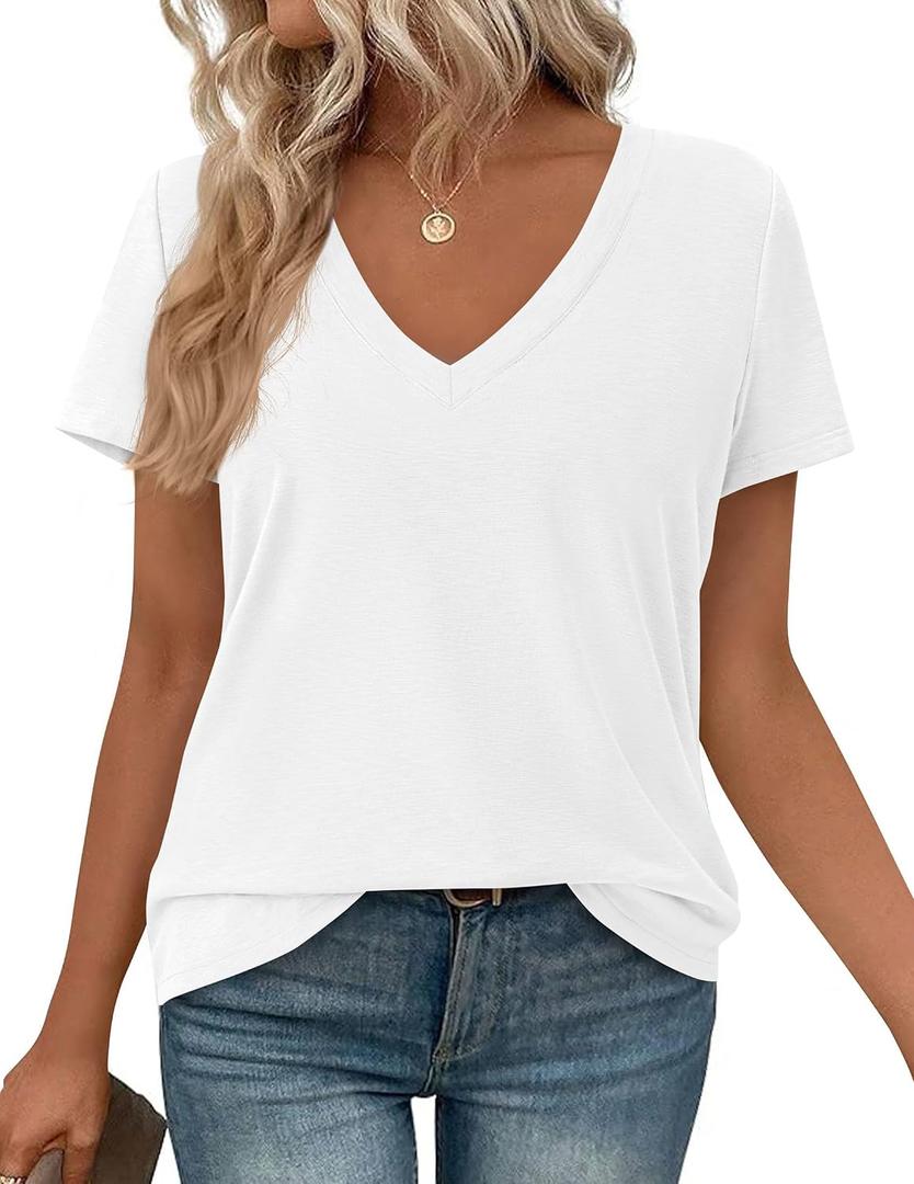PRETTYGARDEN Womens Summer Tops Short Sleeve V Neck Basic Oversized Tshirts (White, XL)