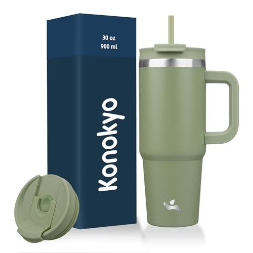 Konokyo 30 oz Tumbler with Handle and 2 Straws,2 in 1 Lid Insulated Water Bottle Stainless Steel Travel Coffee Mug,Army Green