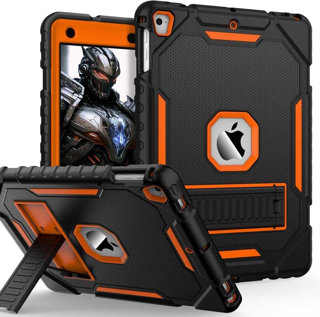 ZoneFoker 9.7" Case for iPad 6th/5th Generation 2018/2017, for iPad Air 2 / Air 1st / Pro 9.7, Heavy Duty Shockproof Protective 9.7 Inch Cover with Built-in Stand for i Pad 6 5 Gen(Black+Orange)