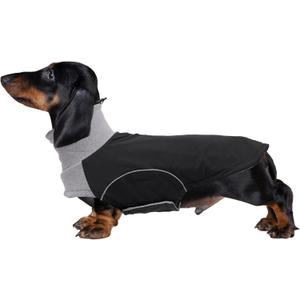 Brabtod Dog Winter Coat for Dachshund, Waterproof Miniature Dachshund Clothes Jacket, Small Dog Coat with Harness Slot, Dachshund Jumper with Turtle Neck, Pet Garment Ideal for Walking, Camping-Black-S