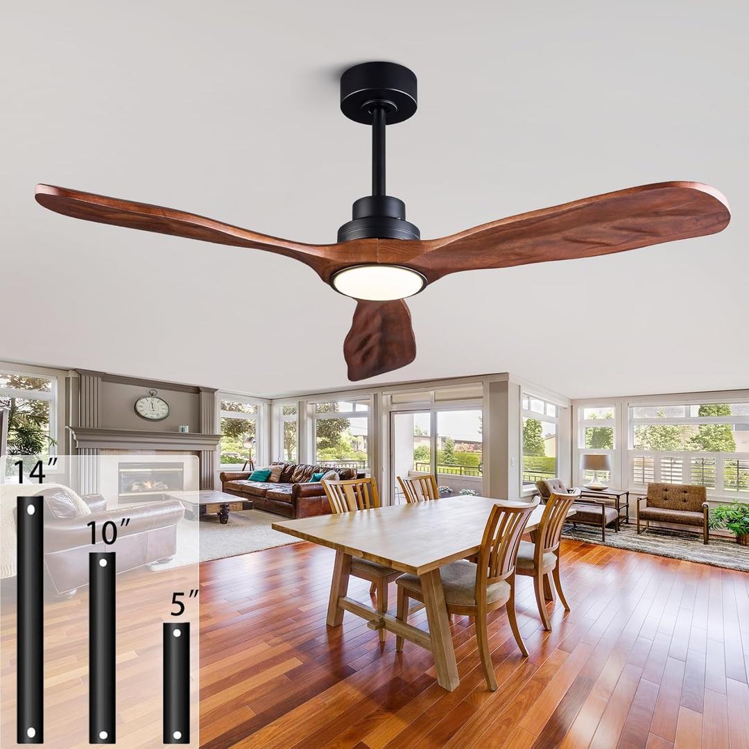 Ceiling Fans with Lights and Remote,52 Inch Unique Wood Ceiling Fan with Noiseless Reversible DC Motor,3 Blades,3 Downrods, for Farmhouse,Patio Living Room,Bedroom,Office,Indoor Outdoor(Black+Walnut)