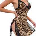 Foxiny Sexy Split Side Floral Lace Trim Full Slip Night Gown Babydoll Lingerie Dress with Thong 2 piece L