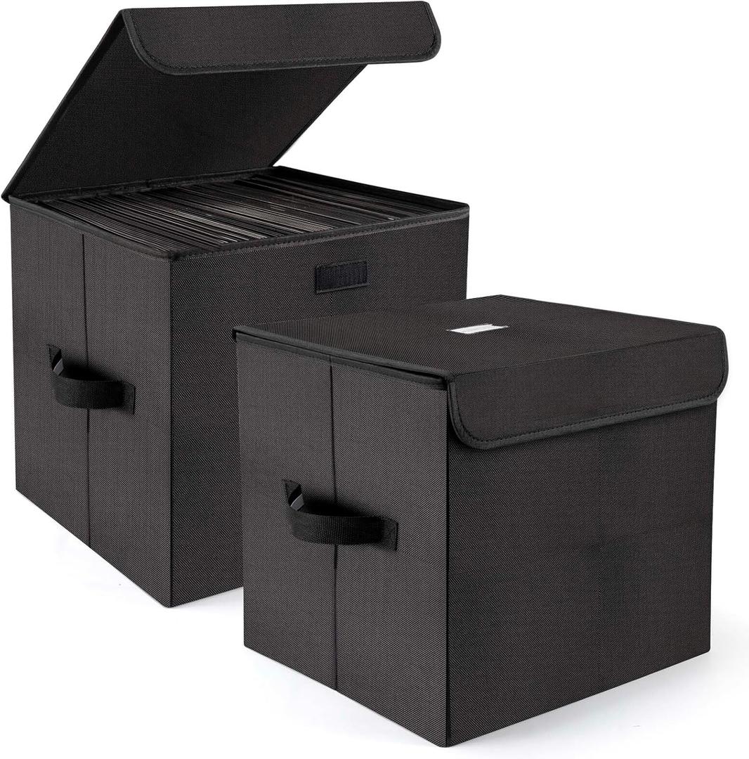 alavisxf xx 12-inch Vinyl Record Storage Box, Nylon Foldable and Stackable Set of 2 Vinyl LP Storage Organizer Case with Lid and Handles Can Hold 180 Single Record (12-inch)