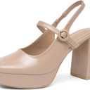 NEWBELLA Women's Square Toe Platform Pumps Slingback Chunky Heels with Adjustable Ankle Strap Party Dress Shoes Nude (9, Beige)