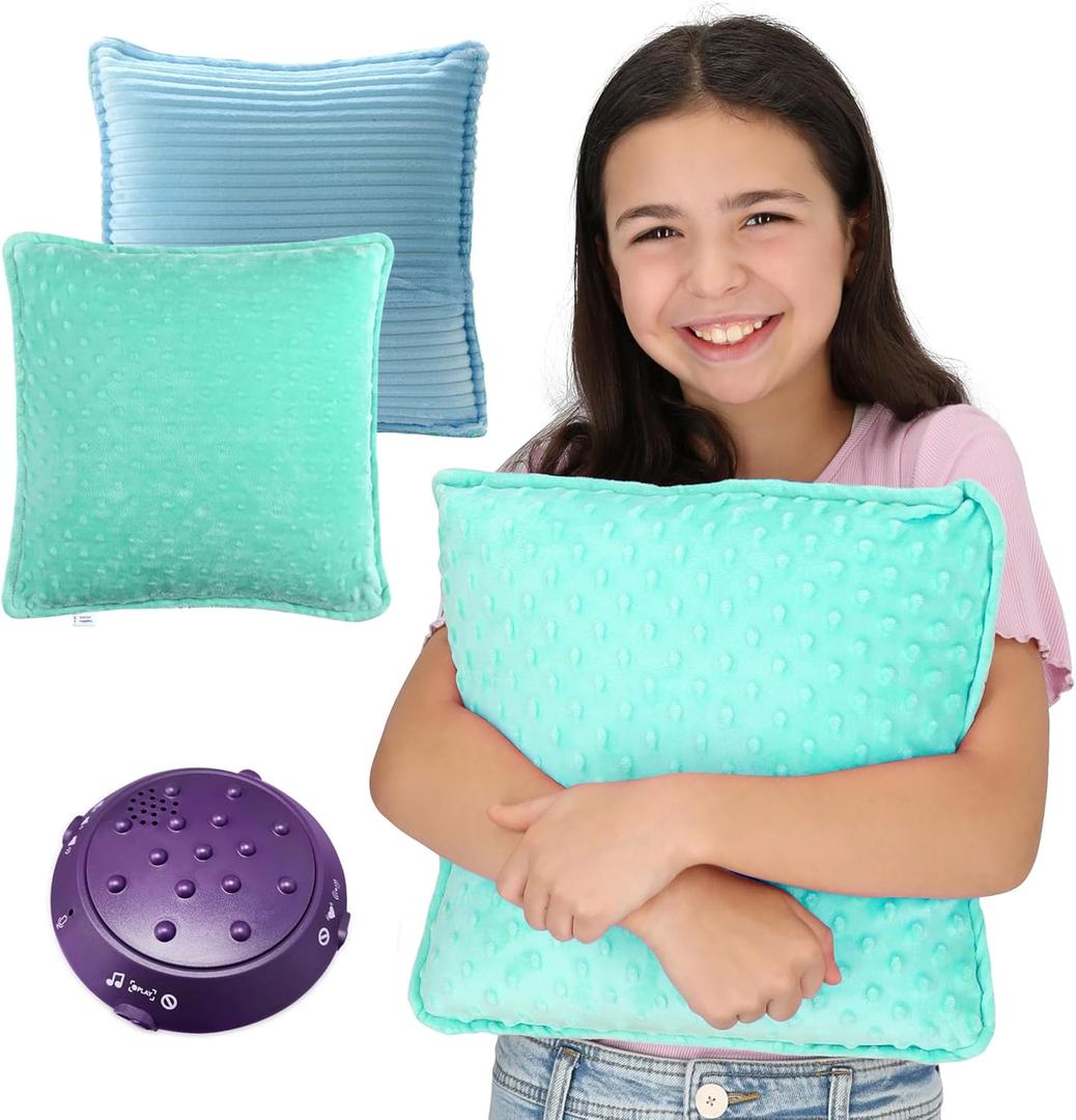 Special Supplies Vibrating Pillow Sensory Pressure Activated for Kids and Adults, 12 Plush Minky Soft Cover-Textured Therapy Stimulation Bumps, 3 Vibration Modes, Music & Voice Recording- Blue/Green