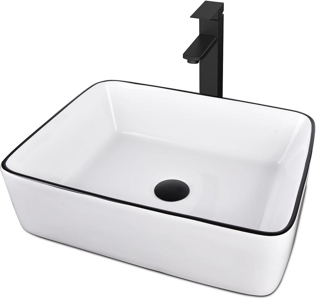 Ceramic Bathroom Sink, White 19" x 15" Above Counter Porcelain Vessel Sink with Black Faucet and Pop up drain Set, Rectangle