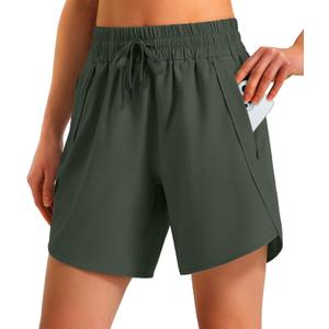 Ksmien Women's 5"/ 7" Athletic Running Shorts Quick Dry Lightweight Workout Gym Shorts with Zipper Pockets UPF 50+ (Medium, Olive Green)