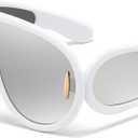 Trendy Wave Mask Sunglasses for Women Men Oversized Shield Sun Glasses Fashion Designer Style (White/Silver)