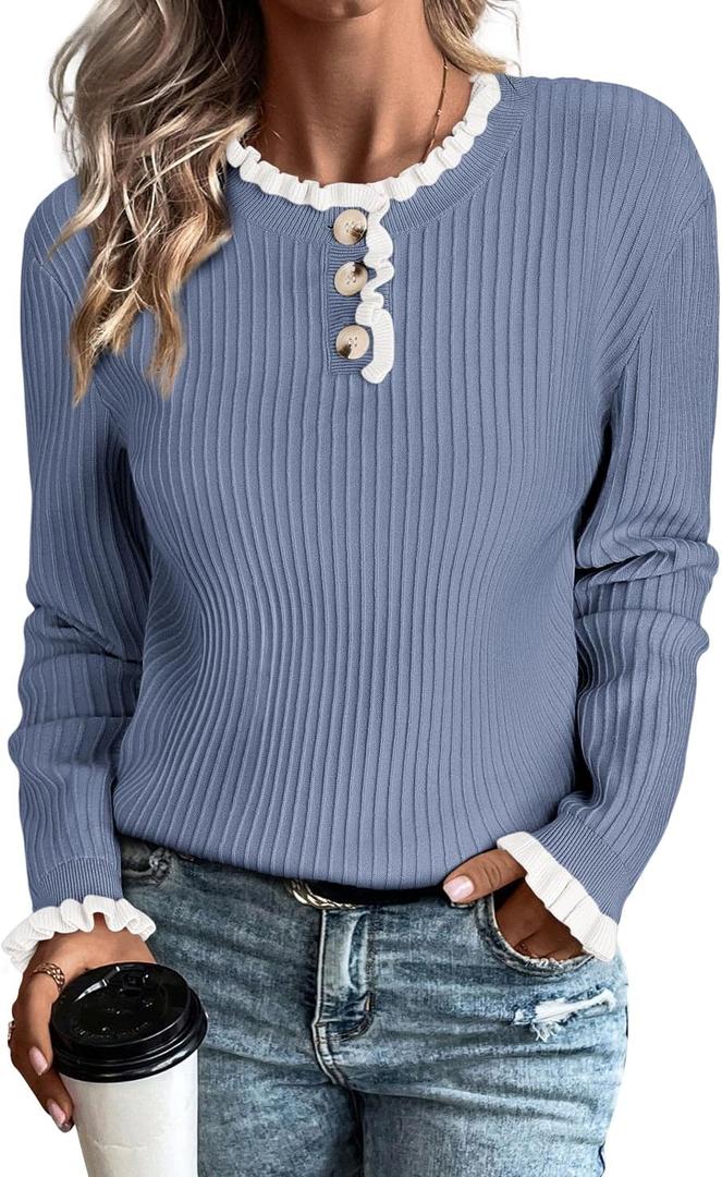 Arach&Cloz Womens Swaters 2024 Fall Fashion Outfits Long Sleeve Crewneck Knit Tops Ruffle Casual T-Shirts Cute Tees Blouses (Blue, XL)
