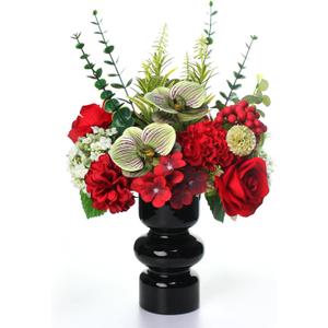 Artificial Flower in Black Glass vase, Red Roses,Carnations, Orchids, Artificial Roses in vase,11 x 11 x 16 inches (BGV-Red)