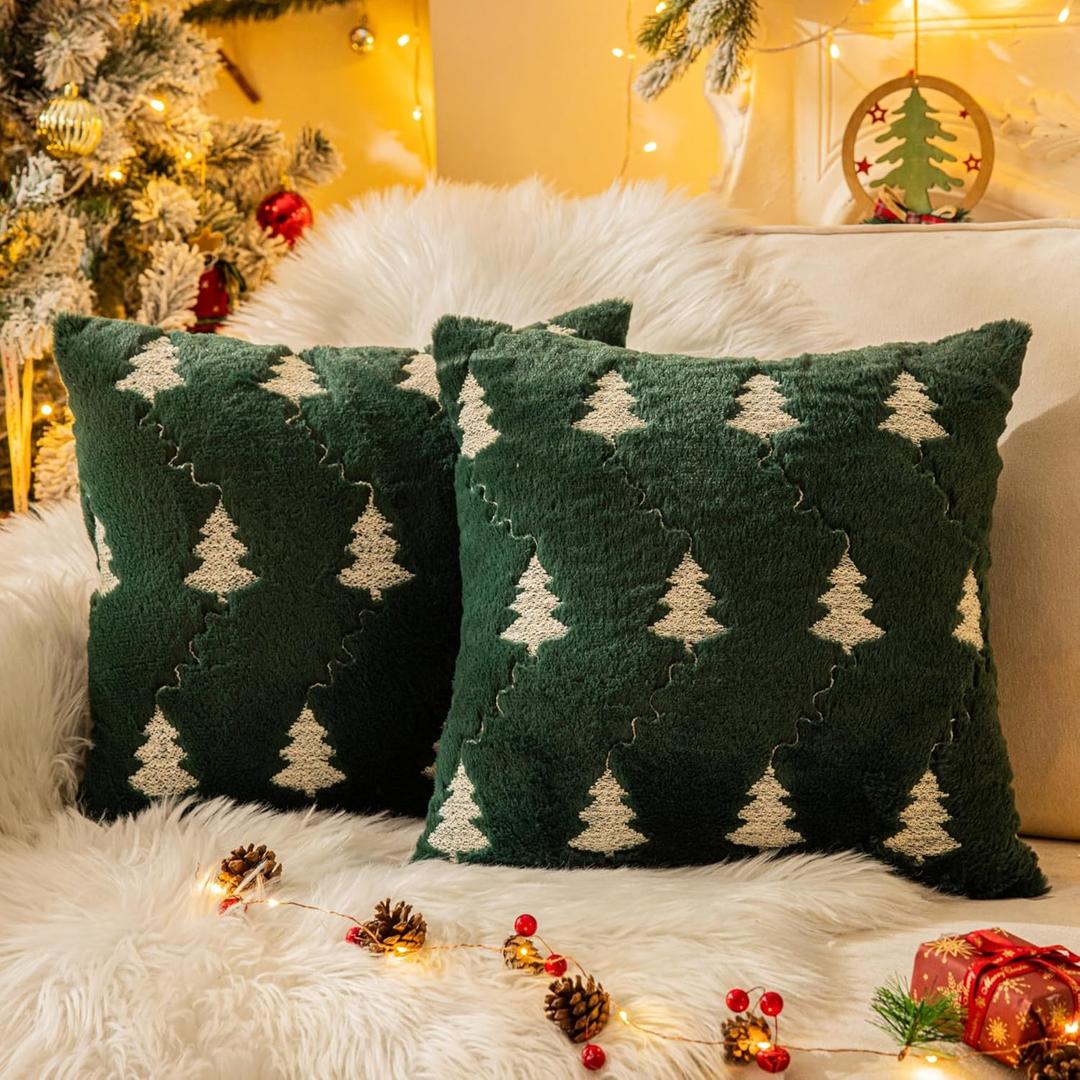 AQOTHES Christmas Tree Embroidered Green Throw Pillows Cover 20x20 Inch, Set of 2 Packs Winter Soft Fluffy Decorative Throw Pillows Covers Decor for Home Sofa Couch Bed Room