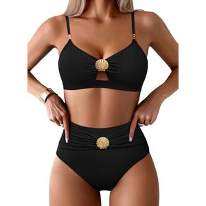 Pink Queen Women's 2 Piece Bikini Set 2026 Seashell Cutout Swimsuit High Waist Tummy Control Summer Beach Swim Bathing Suits (Black, XL)