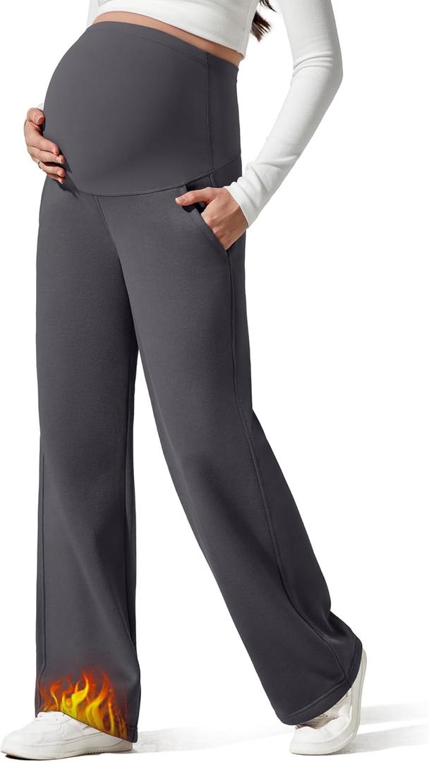G4Free Flurrylux Fleece Lined Maternity Wide Leg Pants Cotton Over The Belly Pregnancy Sweatpants (Small Petite, Dark Gray)