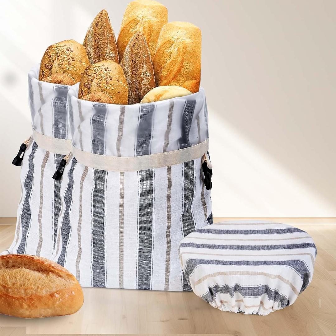 [2Pack+1]Bread Bags for Homemade Bread Sourdough with Bowl Cover, Reusable Linen Bread Storage Bag - Plastic Lined[ 16"x 12"]