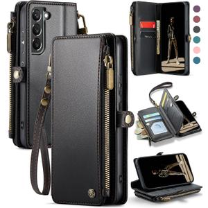 Defencase Compatible with Samsung Galaxy S21 5G Case Wallet with RFID Blocking Card Holder for Women Men, PU Leather Magnetic Snap Flip Zipper Strap Wallet Phone Case Fit for Galaxy S21 5G 6.2", Black