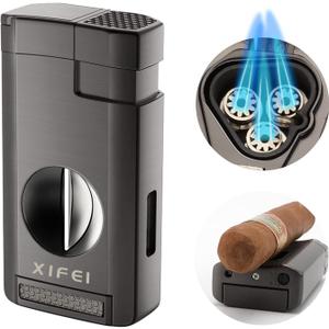 XIFEI Lighter, Triple Jet Flame Torch Lighter with  Cutter V Cut,  Accessories  Holder, Windproof Refillable Butane Lighters Gift Box (Ash)