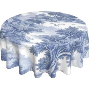 Classic 18th Century French Blue Toile Round Tablecloth 60 Inch Washable Reusable Decoration Table Cover for Kitchen Party