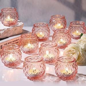 DARJEN Pink Votive Candle Holders Set of 24- Round Glass Candle Holders Bulk for Flameless LED Tea Waxes, Romantic Candle Holder for Wedding & Home Table Decor, Various Parties