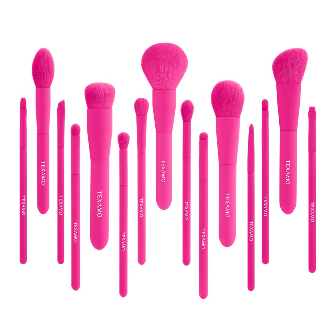 Makeup Brush Set, 15 Piece Quality Makeup Brushes, Premium Synthetic Make Up Brushes for Foundation Powder Blush Highlighter Concealer Makeup Brush Kit for Travel, Hot Pink