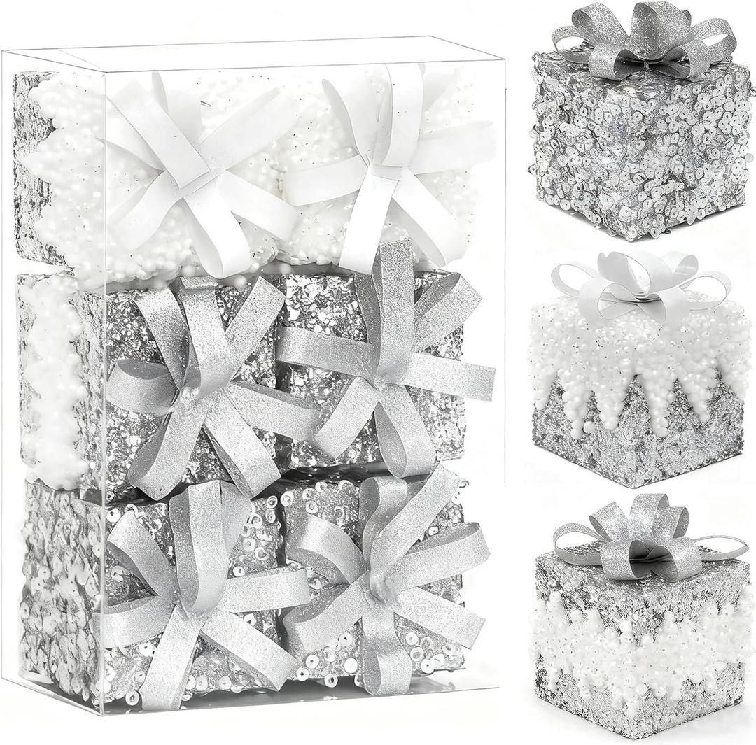 6Pcs Silver Christmas Ornaments Set Shatterproof Glitter Gift Box Christmas Tree Ornaments Pre-Strung Sequined Hanging Decorations for Xmas Holiday Wedding and Party Decor