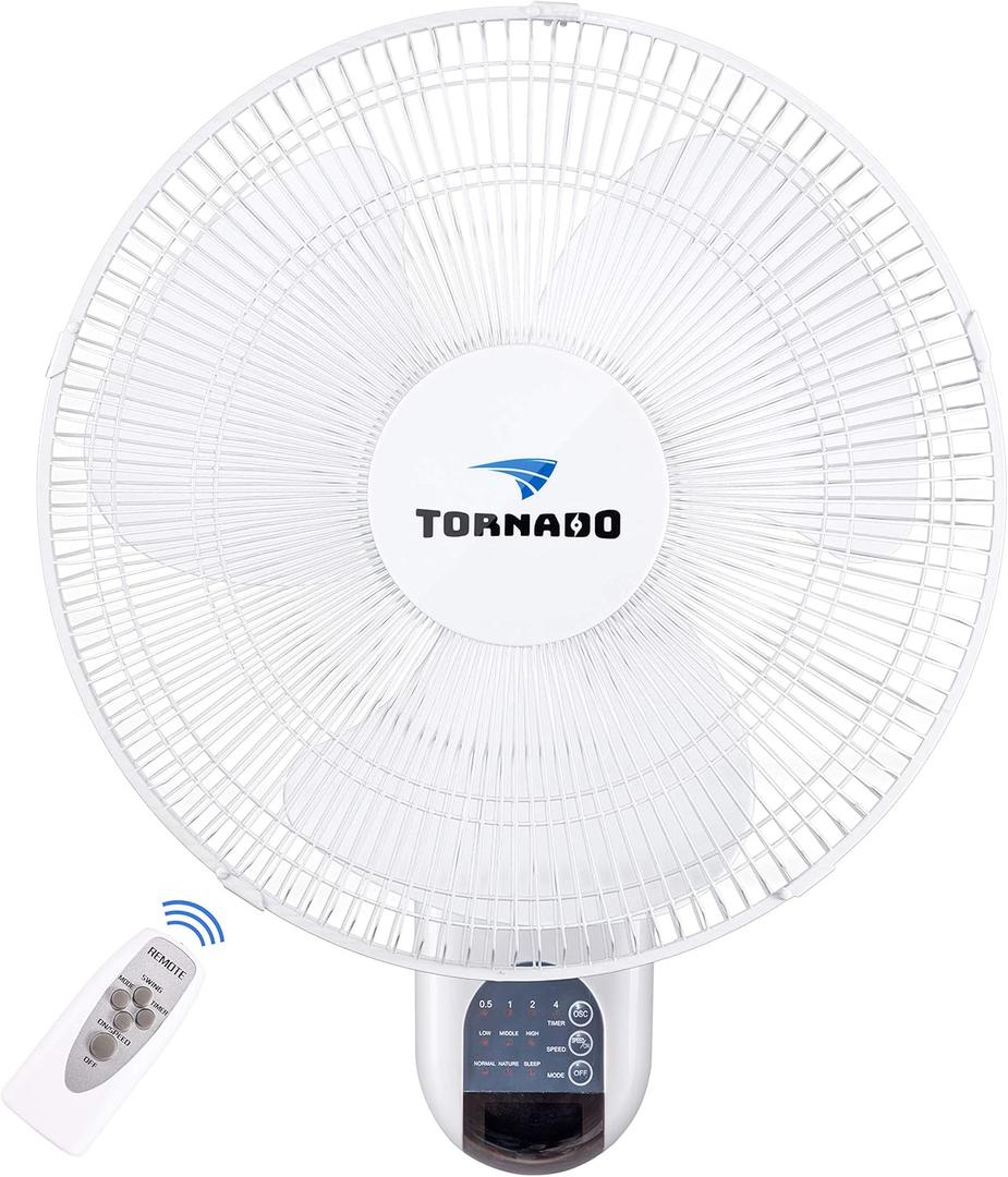 Tornado 16 Inch Oscillating Wall Mount Fan Remote Control Included 3 Speed 2050 CFM 6 FT Cord UL Safety Listed