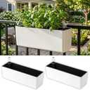 LaLaGreen Balcony Flower Boxes Over the Rail (16 Inch, 2 Pack) White Rectangular Self-Watering Railing Planters with Metal Brackets, Plastic Window Box for Outdoor Plants Herbs Deck Fence Garden