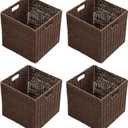 Handwoven Paper Woven Cube Basket Organizer with Handles set of 4 Foldable Storage baskets for Bedroom Living Room Cubby Storage Units for Clothes Books Toys (Brown, 13" L x 13" W x 13" H)