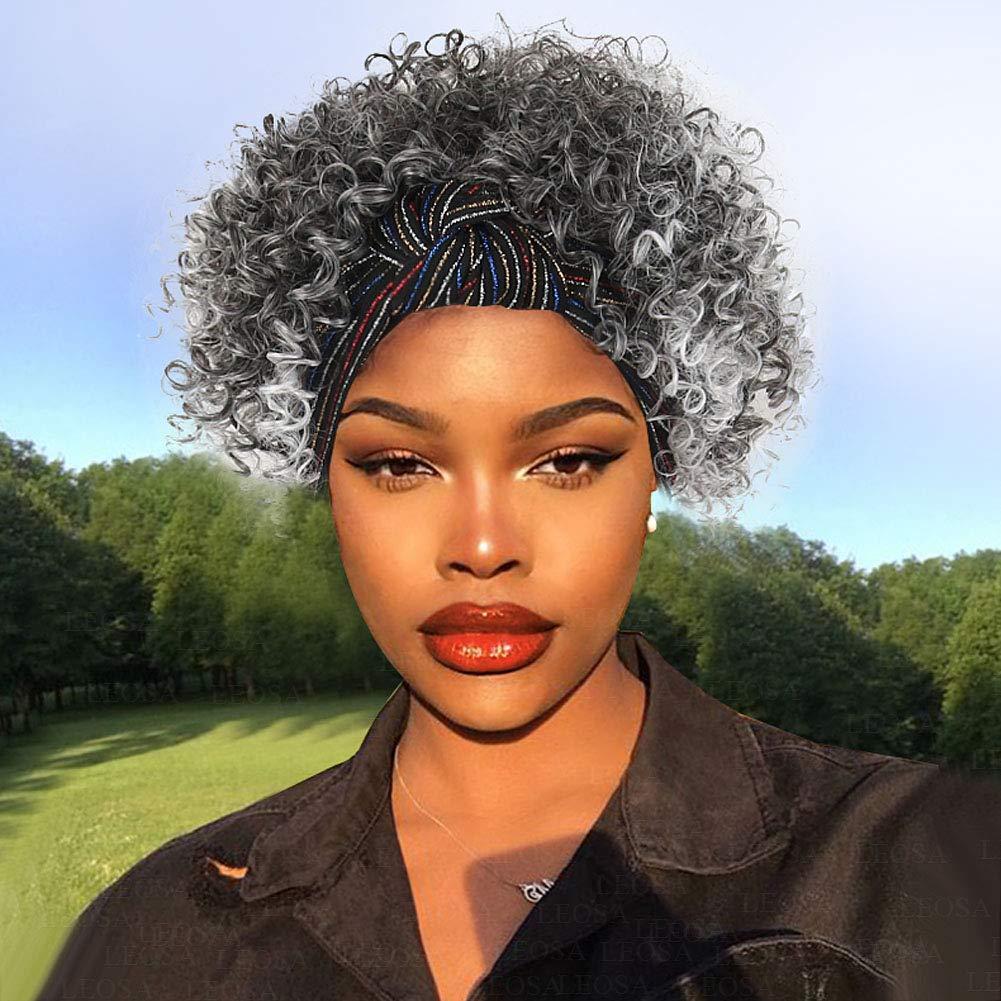 LEOSA Gray Headband Wig for Black Women Ombre Afro Kinky Curly Wig with Headbands Attached Synthetic Short Grey Afro Curly Hair Wig Head Wrap Wigs 2 in 1 Silver Headwrap Wigs