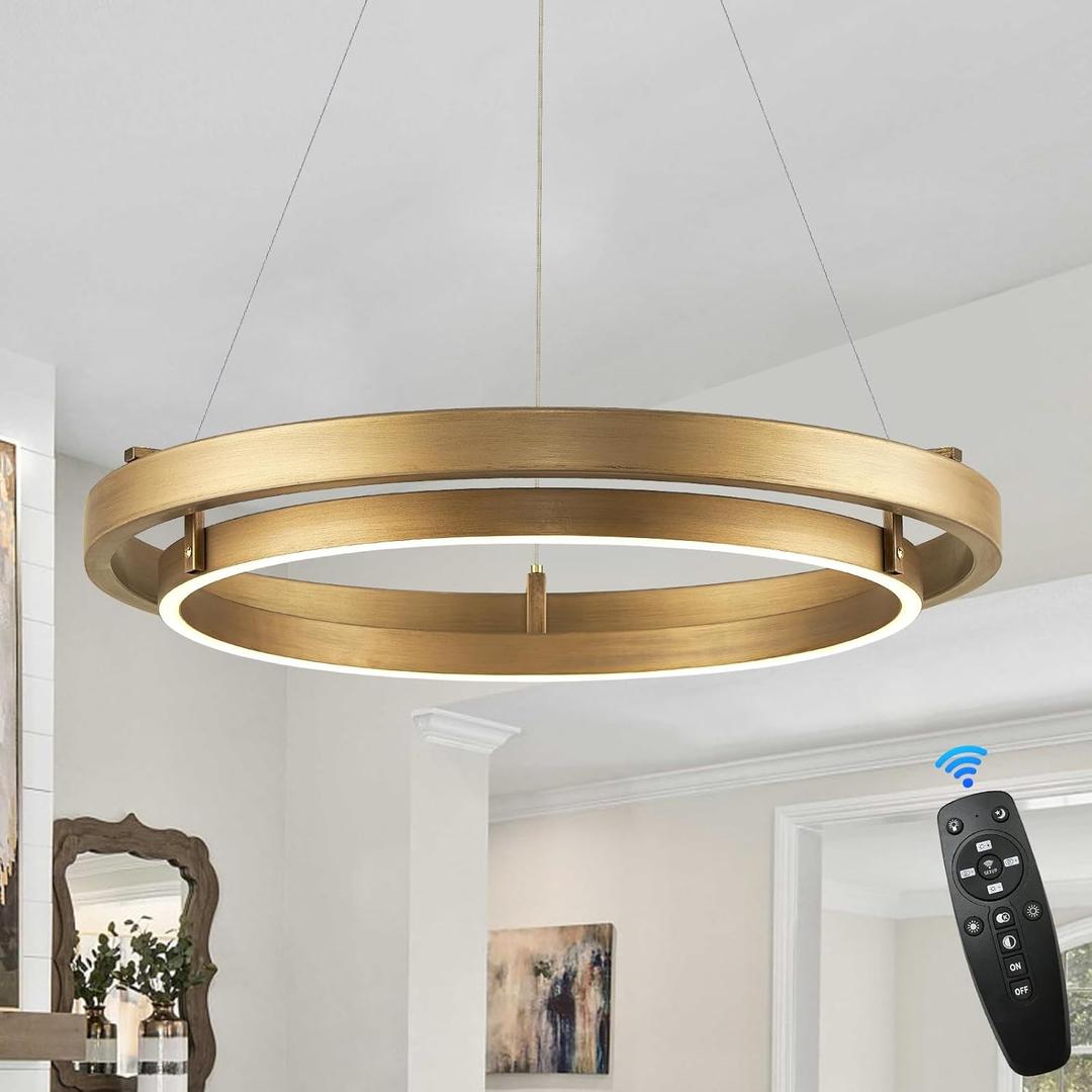 LED Ring Chandelier Brass Gold Chandelier Dimmable Round Foyer Chandeliers Light Modern Circular Chandeliers for Dining Room Entry Bedroom Office Living Room, 24in (30W Gold Brass)