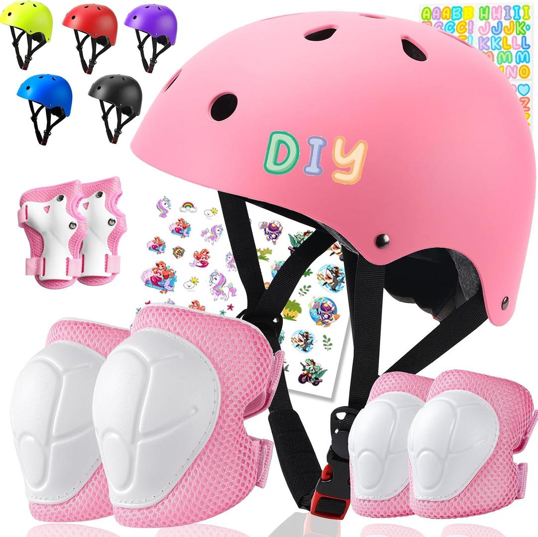 Color Gradient Kids Bike Helmet and Pads Adjustable Helmet for Kids Protective Gear Set with Elbow Knee Pads Wrist Guards for Cycling Bicycle, Size: Small: 20.1"-21.2"/51-54cm