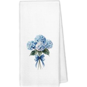 Light Blue Hydrangea Floral Kitchen Towels, Blue Hydrangea Decor, Summer Hydrangea Bow Flower Dish Hand Tea Towels, Preppy Bouquet Decorative Towel for Bathroom Kitchen Decor, 16x24 Inch