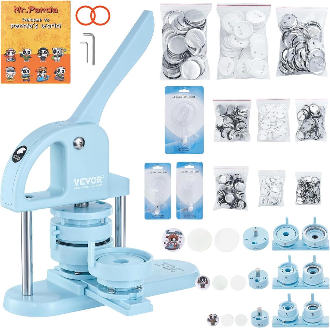 VEVOR Button Maker, 1/1.25/2.28 inch(25/32/58mm) 3-in-1 Pin Maker, 300pcs Button Parts, Ergonomic Arc Handle Punch Press Kit, Button Maker Machine with Panda Magic Book, for Children DIY Gifts, Blue