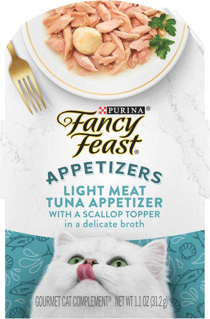 Purina Fancy Feast Appetizers Lickable Grain Free Wet Cat Food Topper Light Meat Tuna Appetizer with Scallop - (Pack of 10) 1.1 oz. Trays (EXP 02/29/28)