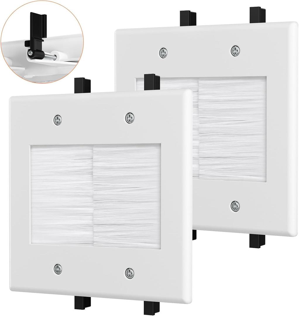 2 Gang Brush Wall Plate, Cable Pass Through Wall Plate with Mounting Bracket for Cable Management TV Coaxial,Ethernet Cables,HDMI,Home Theater Systems Pass Through