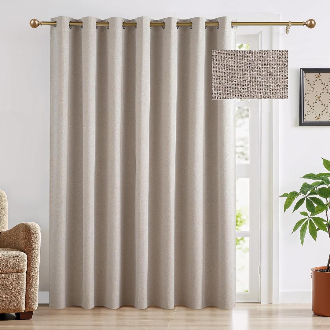 RYB HOME 100% Blackout Linen Curtain for Sliding Glass Doors, Extra Wide Thermal Insulated Privacy Curtains for Bedroom/Patio Door/Living Room/Open Closet, Room Divider, Linen, W100xL84, 1 Panel