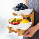 LIBWYS 2 Tier Oval Bowl Set with Natural Bamboo Rack, Tiered Ceramic Serving Tray Set for Fruit, Dessert Appetizer, Cake, Candy, Chip Dip