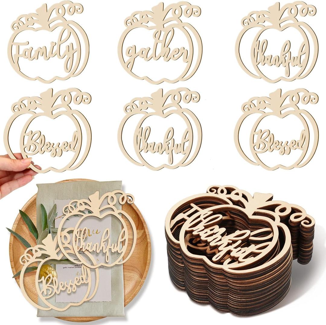 Jetec 40 Pieces Thanksgiving Plate Decor Wood Color Pumpkin Wood Cutouts Thankful Blessed Grateful Inspirational Letter Cutouts Place Cards Settings for Party Tablescape Plate Decor