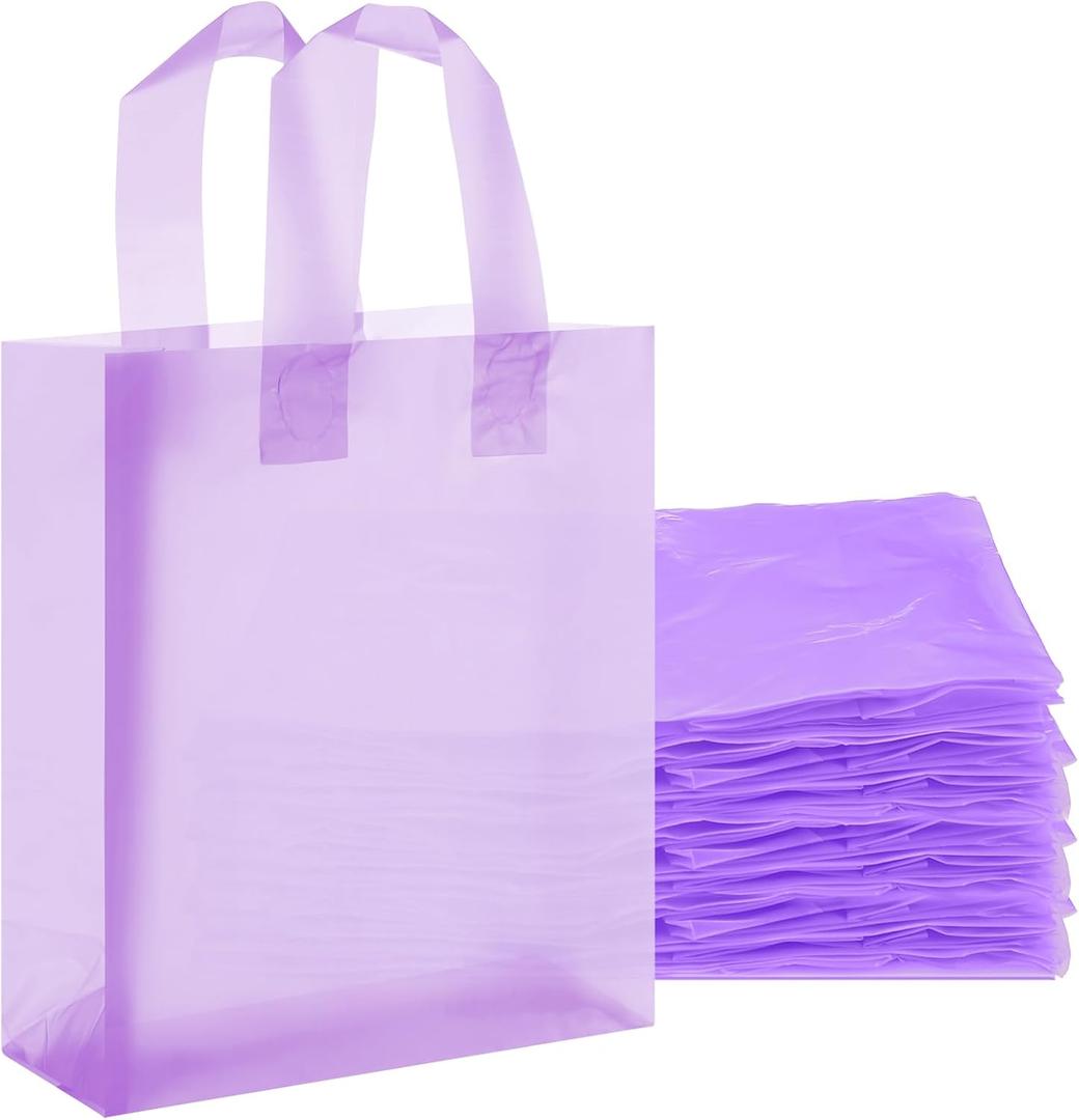 Qilery 100 Pack Frosted Plastic Gift Bags with Handles Small 8"x4"x10" Plastic Shopping Bags for Small Business Boutique Merchandise Bags Bulk for Retail Customers(Light Purple)