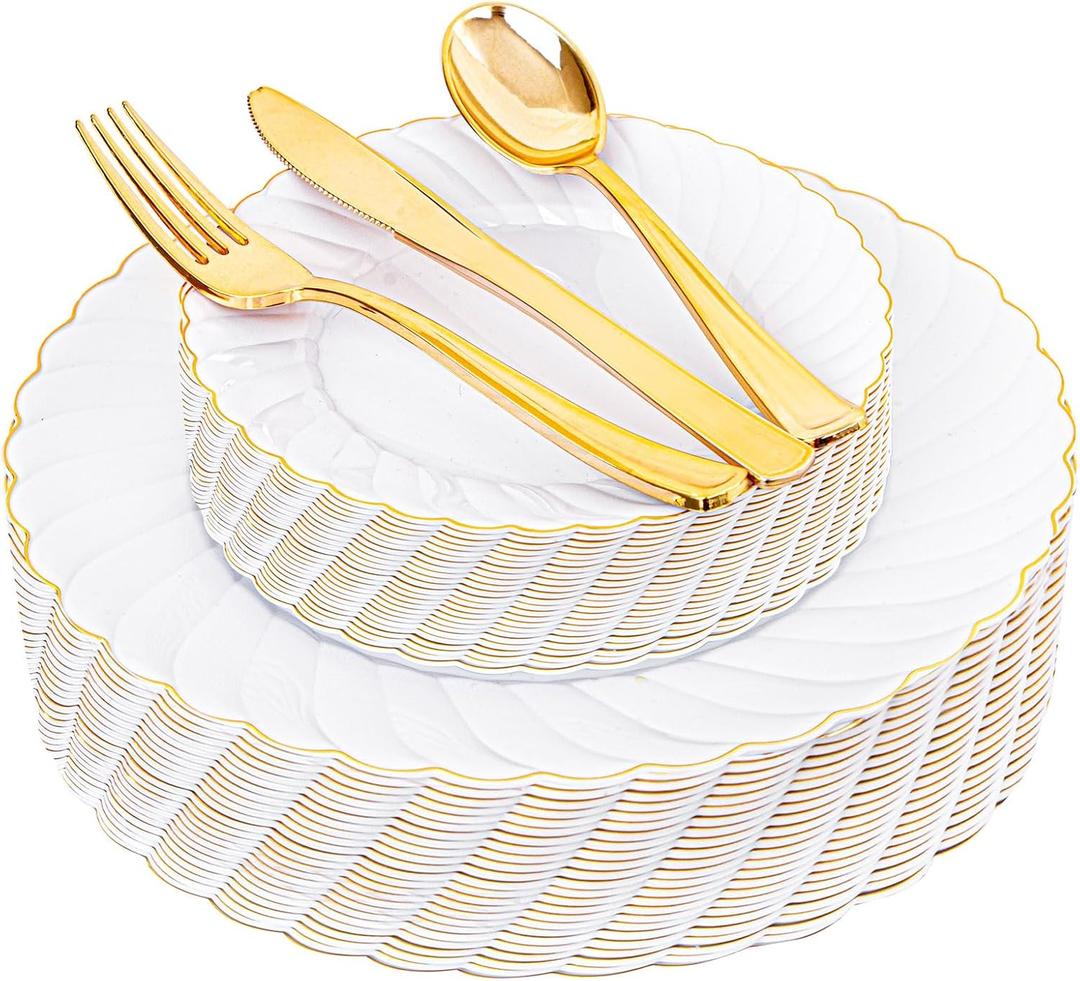YOUBET 125PCS White Plastic Plates with Gold Rim, Gold Plates Disposable with Golden Silverware Include 25 Dinner Plate 25 Dessert Plate 25 Forks 25 Knives 25 Spoons For Wedding, Parties