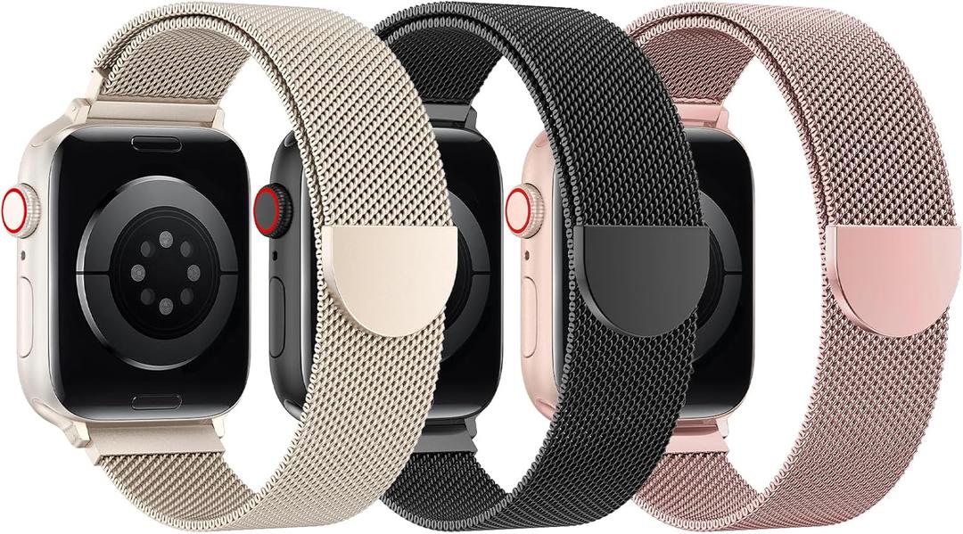 BELONGME 3 Pack Mesh Loop Compatible with Apple Watch Bands for Women Men 40mm 41mm 38mm 42mm 44mm 45mm 49mm 46mm Series 10 9 8 7 6 5 4 3 2 1 Ultra SE, Stainless Steel Metal Magnetic Strap for iWatch (Starlight+Black+Rose Gold)