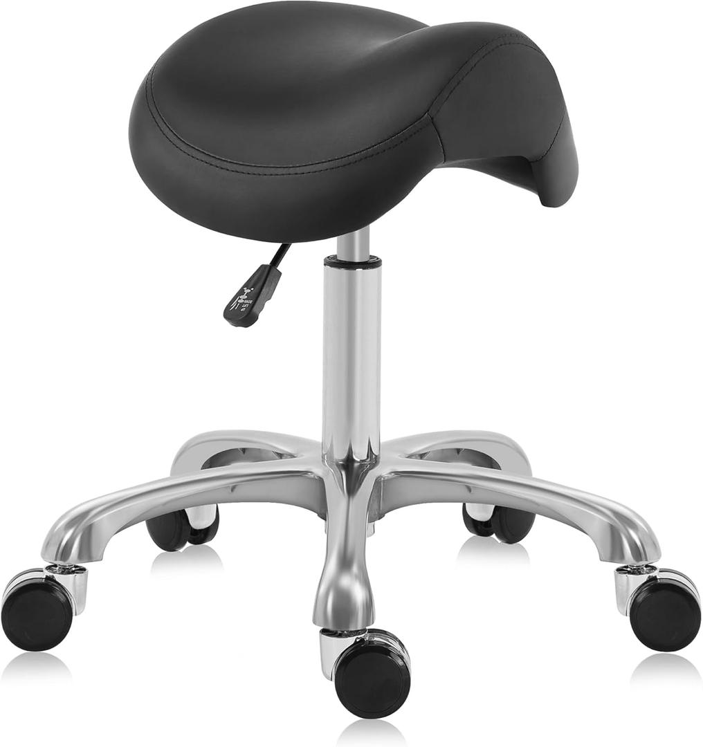 Ergonomic Saddle Stool, Adjustable Pneumatic Swivel Rolling Saddle Seat with Wheels for Hygienic, SPA, Salon, Home and Office, Haku 506 Series, Black, 506-Standard