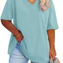 Women's Plus Size V Neck T Shirts Summer Half Sleeve Tees Casual Loose Fit Cotton Tunic Tops (XX-Large) Light Blue 