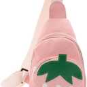 Hiflyer Pink Strawberry Sling Backpack, Small Backpack for Girls, Kawaii Bag, Lightweight Canvas, Adjustable Shoulder Strap, Zipper, 8x5x2 inches