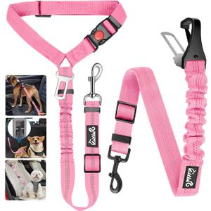 Lukovee Dog Seatbelt Leash for Cars, 2 Pack Pet Safety Seat Belt with Adjustable Buckle & Reflective Bungee, Connect Dog Harness in Vehicle Dogs Restraint Travel Daily Use (Pink)