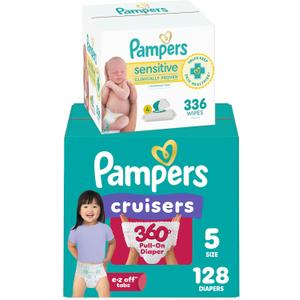 Diapers Size 5, 128 Count and Baby Wipes - Pampers Pull On Cruisers 360 Fit Baby Diapers with Stretchy Waistband, ONE MONTH SUPPLY with Sensitive Wipes, 6X Pop-Tops, 336 Count