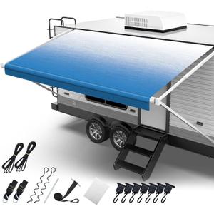 RV Awning Fabric Replacement, 19.5oz Heavy Duty Vinyl, with Tie Down Kits & 7 Hooks & Pull Strap for Trailer Camper Awning- 15'(Fabric 14'2"), Blue Fade