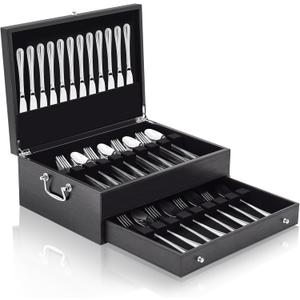 DoubleFill 2 Layer Leather Silverware Storage Box with Lid and Handles, Anti Tarnish Silverware Storage Chest Case with Felt-lined for 12-16 or More Sets of Utensils Flatware Gifts, 15.3x11.2x5.7 Inch (Black)