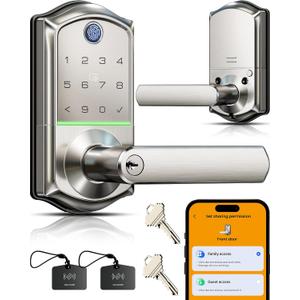 Veise VE019 Fingerprint Smart Lever Lock, App Control, Keyless Entry Door Lock with Handle, Touchscreen Keypad Knob for Front Door and Bedroom, Remote Access Sharing, IP55 Waterproof, Satin Nickel