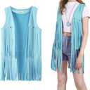 PARTTELY Women Fringe Vest 70s Hippie Costume Faux Suede Rivets Tassel Sleeveless Cowgirl Western Costume Jacket Outerwear (Blue, XXL)
